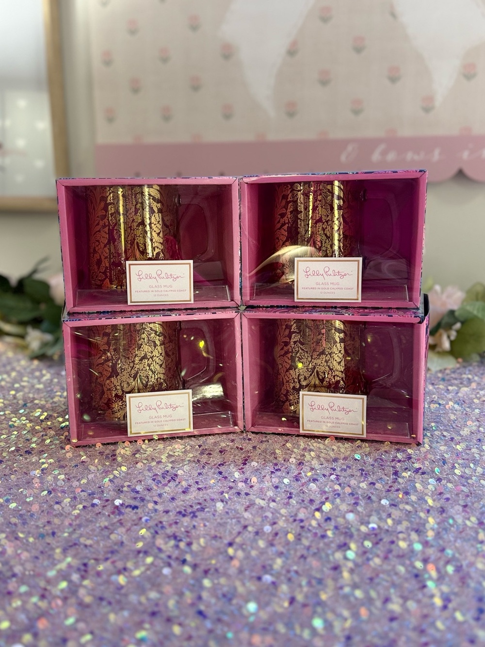 NIB Lilly Pulitzer 12oz Glass Mug featured in “Gold Calypso Coast” - Set of 4